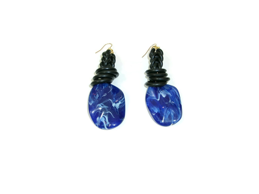 Womens Ear Candy Statement Earrings Blue Marble and Black Rubber Unique Design