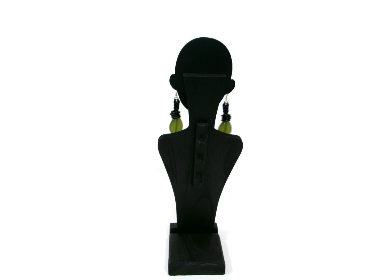 Womens Ear Candy Statement Earrings Green Textured Bead w/ Rubber Huggie Design