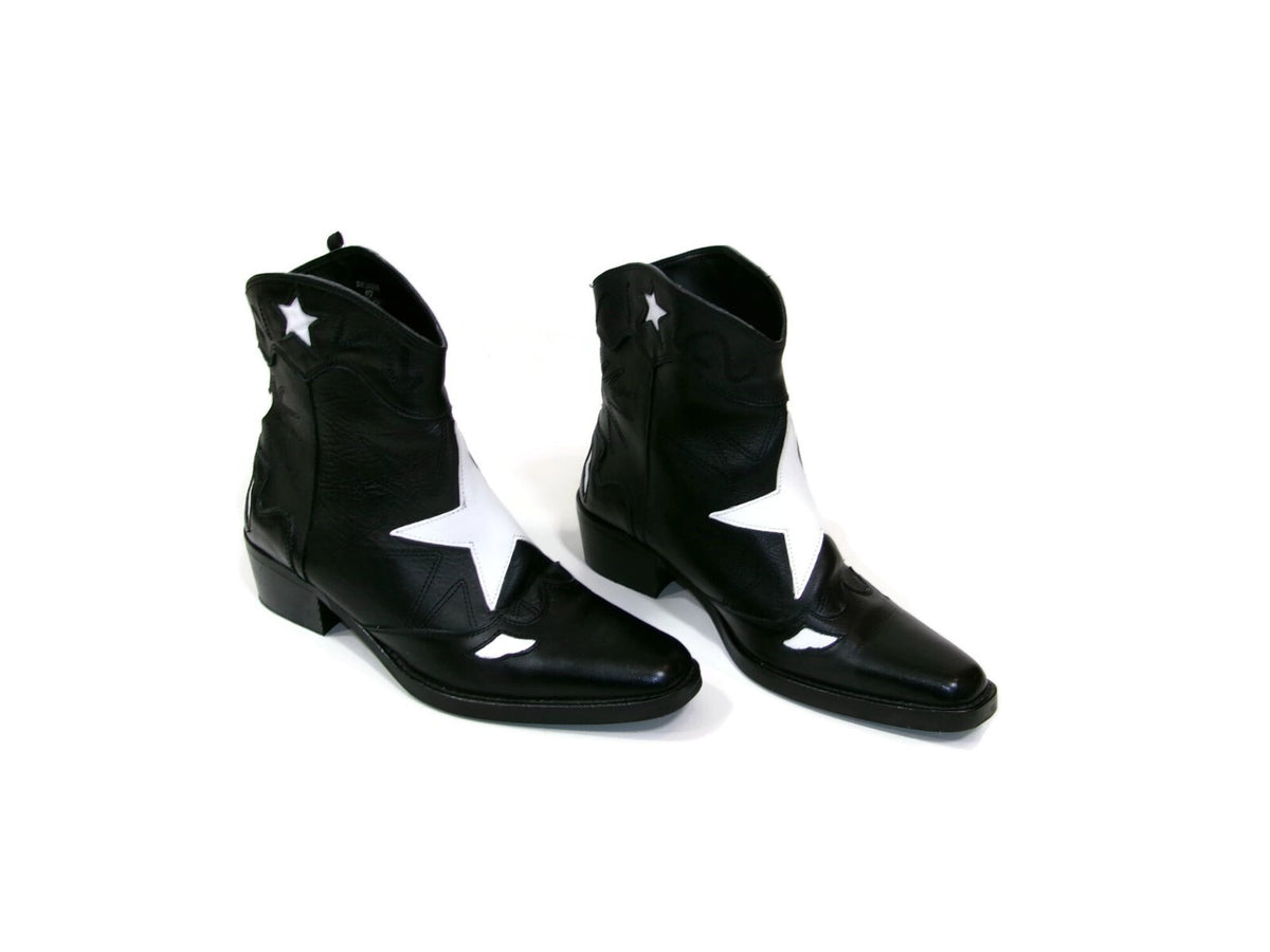 Pull & Bear Womens Black Leather White Star Western Boots Shoes SZ 39 EU 8.5 US