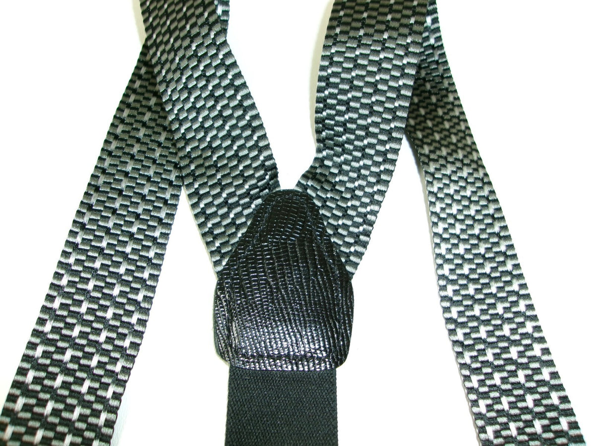 Mens Black Gray Suspenders w/ Black Leather Croc Embossed Tabs Made In England