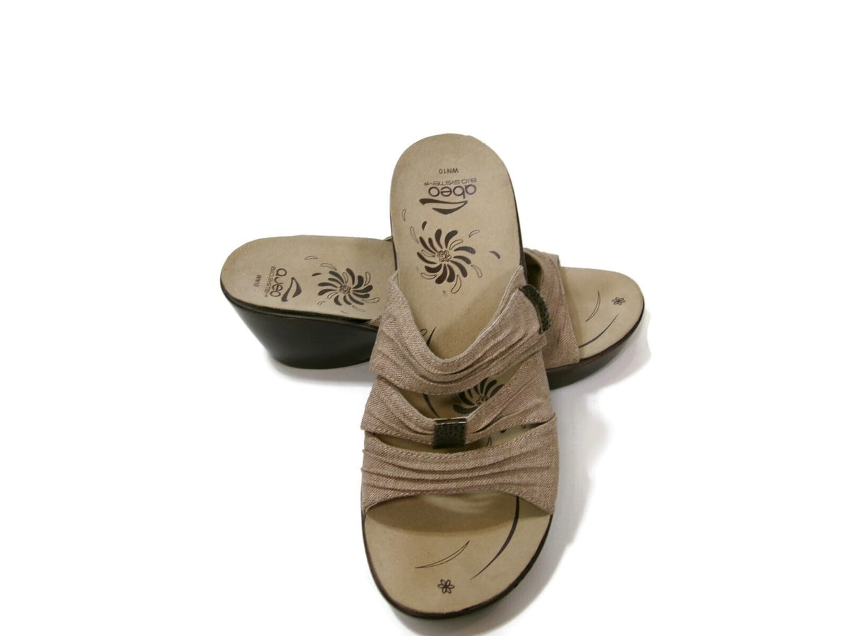 Abeo Womens Burlap Brown Sandals Shoes Size 10 N Wedge Slip-on Hook Loop Mules