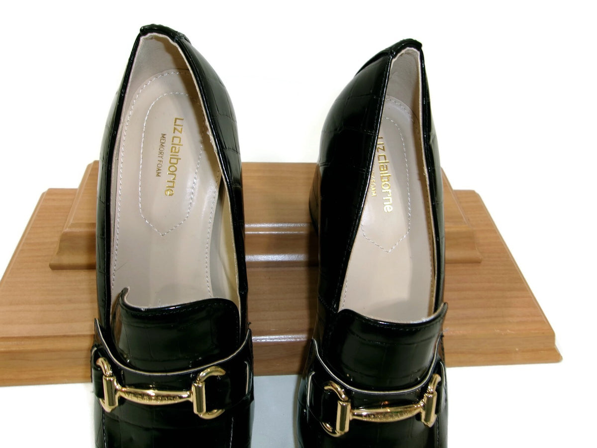 Liz Claiborne Womens Black Croc Embossed Heels Pumps Shoes Size 6 M Gold Buckle