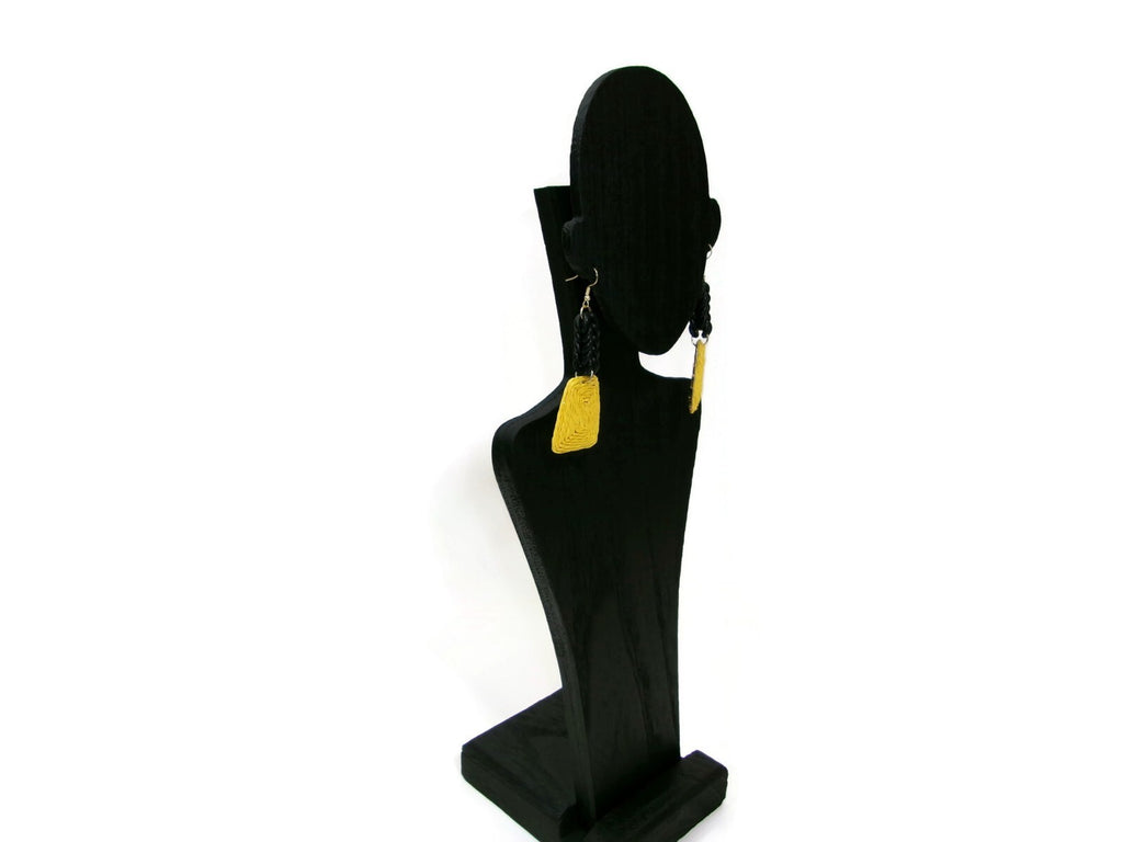 Womens Ear Candy Statement Drop Earrings Yellow Raffia & Black Rubber Design