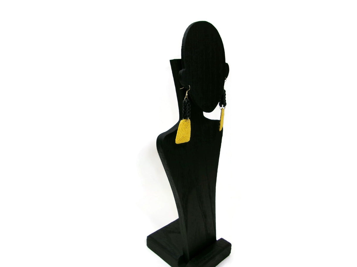 Womens Ear Candy Statement Drop Earrings Yellow Raffia & Black Rubber Design