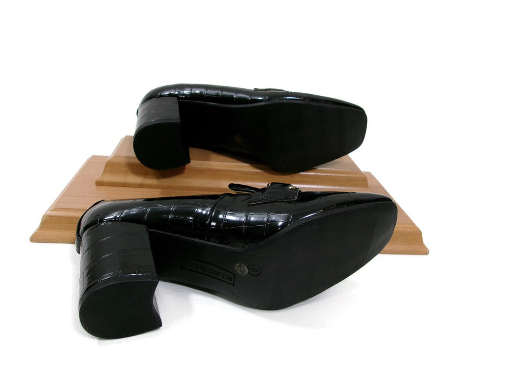 Liz Claiborne Womens Black Croc Embossed Heels Pumps Shoes Size 6 M Gold Buckle
