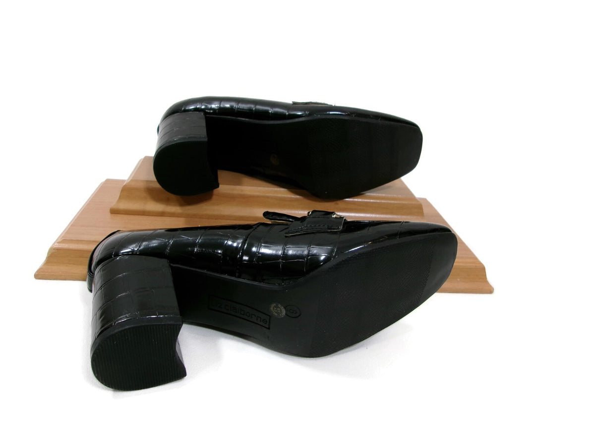 Liz Claiborne Womens Black Croc Embossed Heels Pumps Shoes Size 6 M Gold Buckle