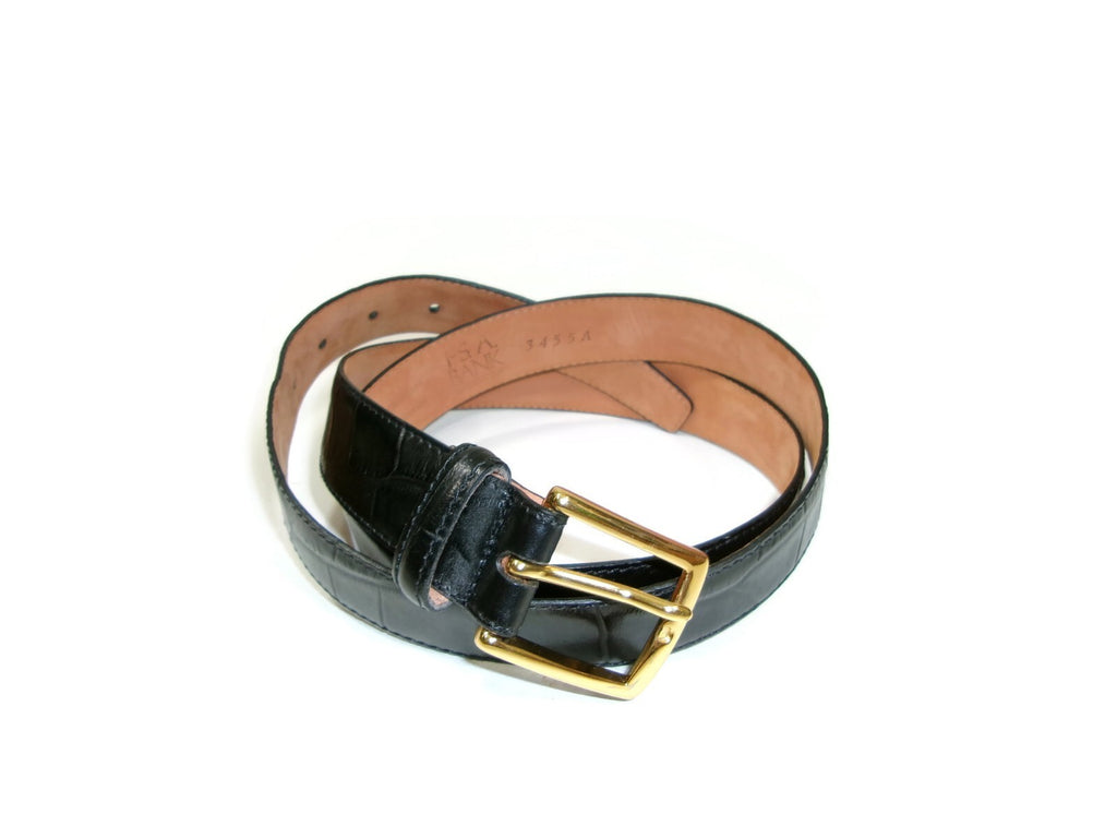 Joseph A. Bank Mens Black Croc Embossed Dress Casual Belt Size 44 Gold Buckle