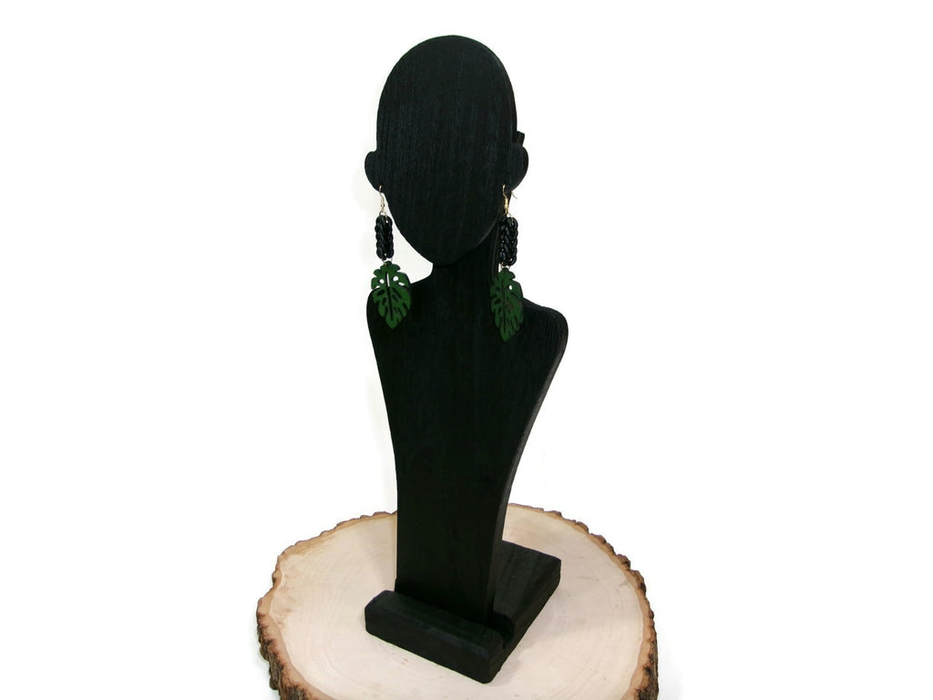 Womens Ear Candy Statement Drop Earrings Green Wood Leaf & Unique Rubber Design