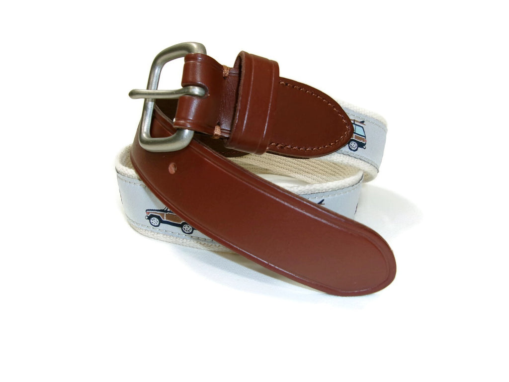 J Crew Crewcuts Kids Boys Belt Size L Large Leather Canvas w/Car Surfboard Motif