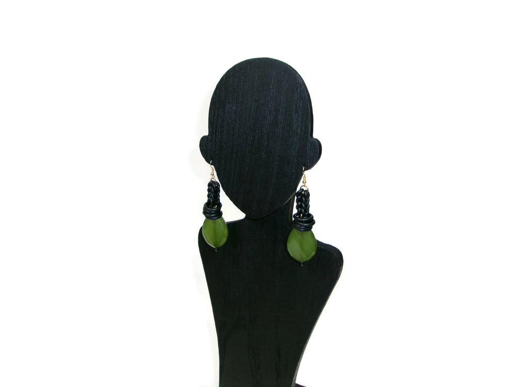 Womens Ear Candy Statement Earrings Green Textured Bead w/ Rubber Huggie Design