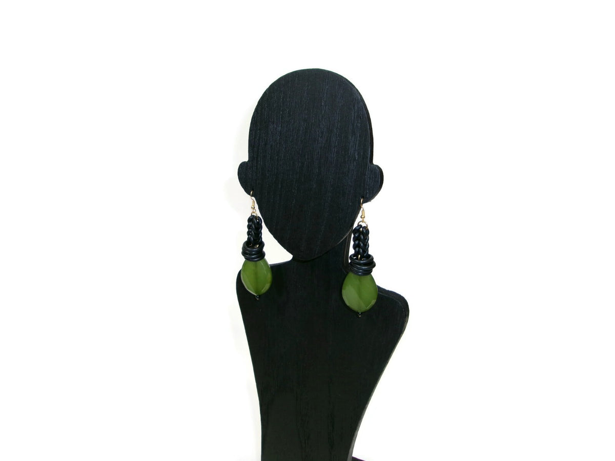 Womens Ear Candy Statement Earrings Green Textured Bead w/ Rubber Huggie Design