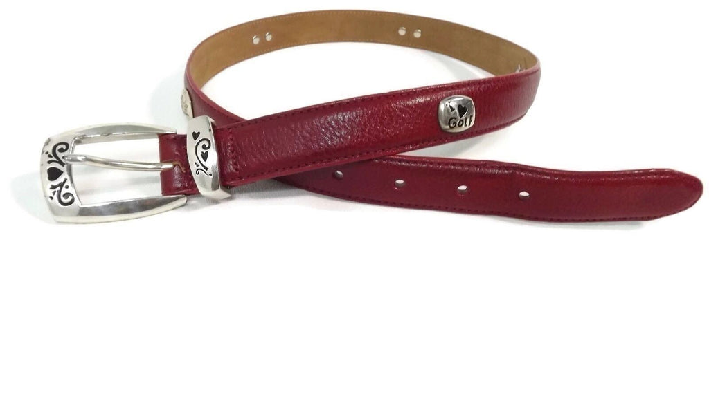 BRIGHTON Pretty Red Leather Belt Size M Medium/ I Love GOLF w/ Cart Clubs Ball