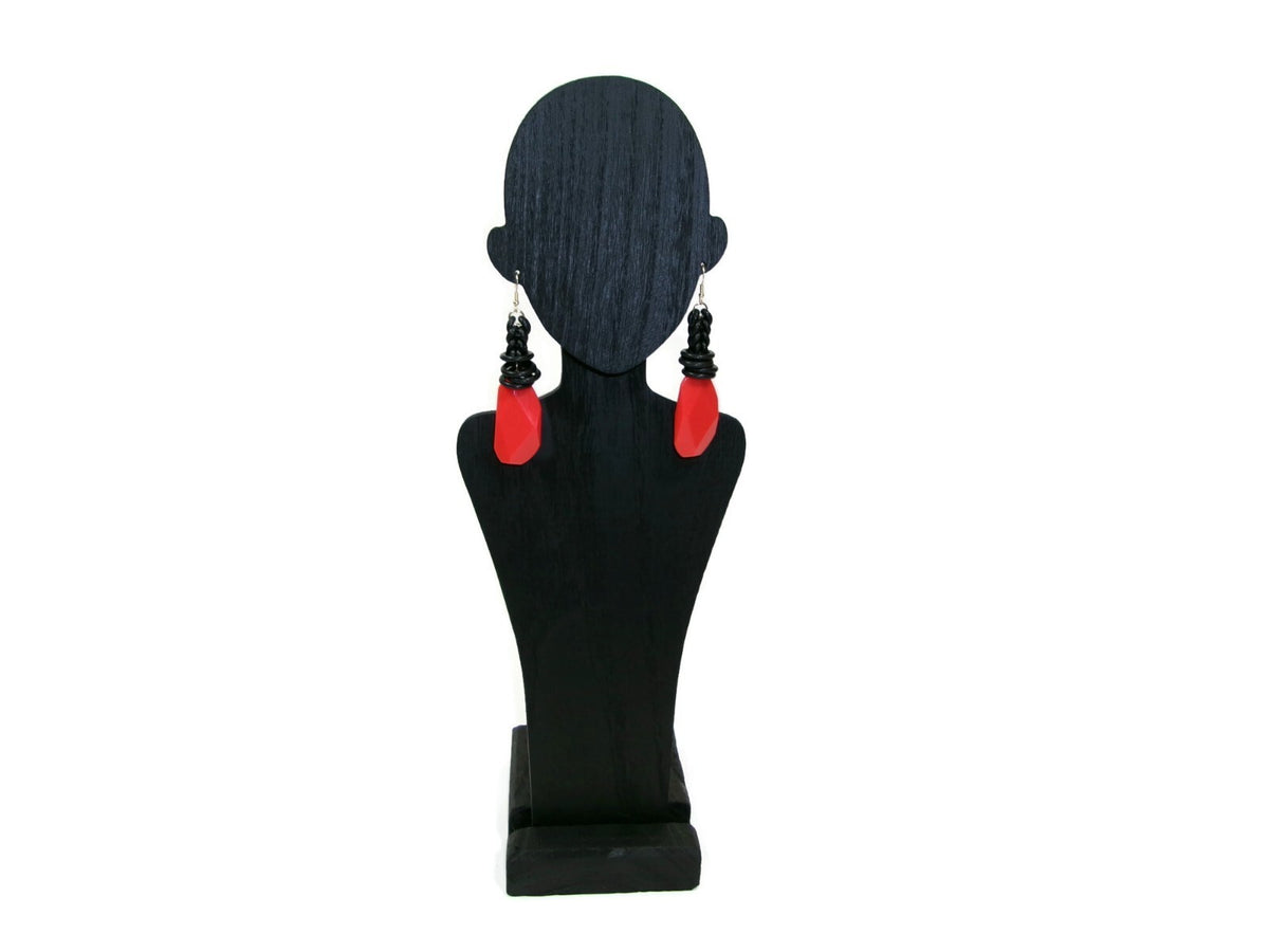 Womens Ear Candy Statement Drop Earrings Large  Redish Orange / Black Unique