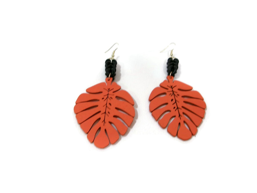 Womens Ear Candy Statement Drop Earrings Orange Wood Leaf & Unique Rubber Design