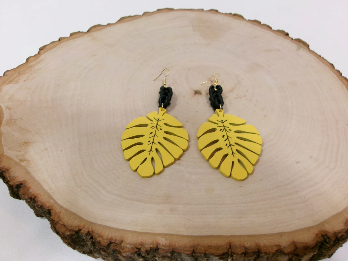 Womens Ear Candy Statement Drop Earrings Yellow Wood Leaf & Unique Rubber Design