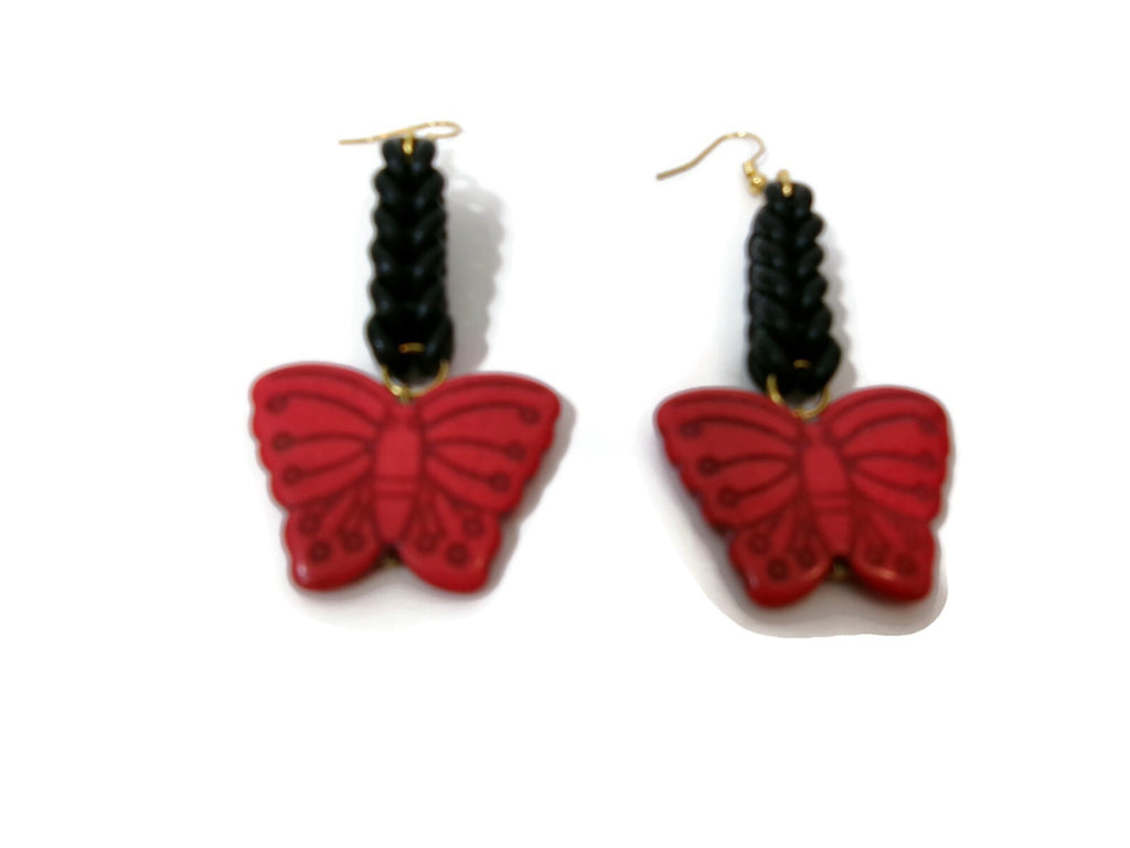 Womens Ear Candy Statement Drop Earrings Red Butterfly w/ Unique Rubber Design
