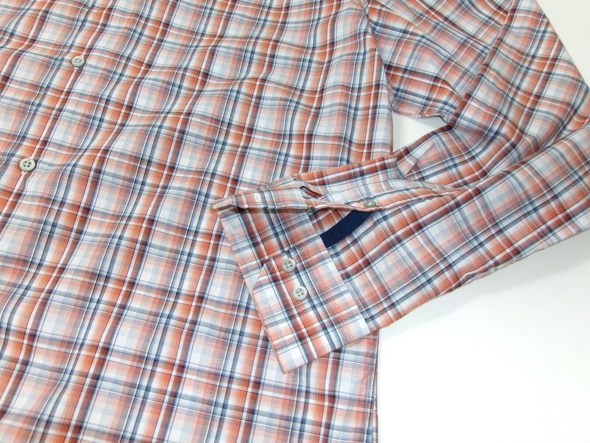 Banana Republic Mens Dress Shirt 17-17.5 XL Orange Blue Gray Plaid Long Sleeve