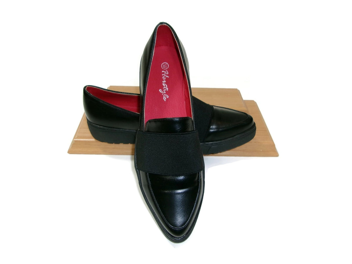 Herstyle Womens Black Wide Elastic Band Loafers Shoes size 8.5 M Red Inner Soles