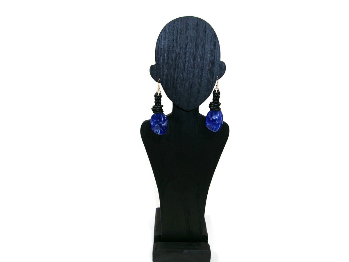 Womens Ear Candy Statement Earrings Blue Marble and Black Rubber Unique Design