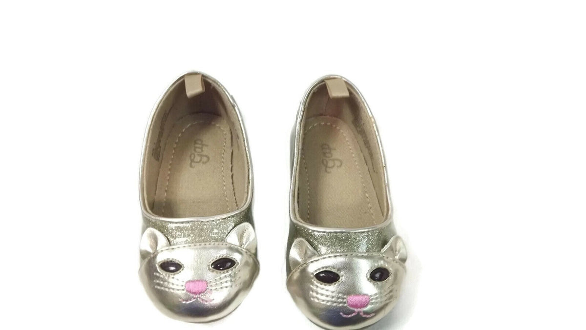 GAP Toddler Girls GOLD Kitty Cat Face Front Patent Ballet Flats Shoes Size 5