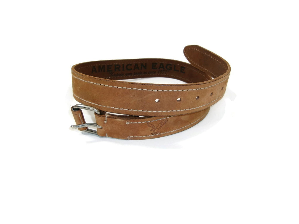 American Eagle Mens Distressed Light Tan Casual Belt Size 32 w/ Eagle Logo