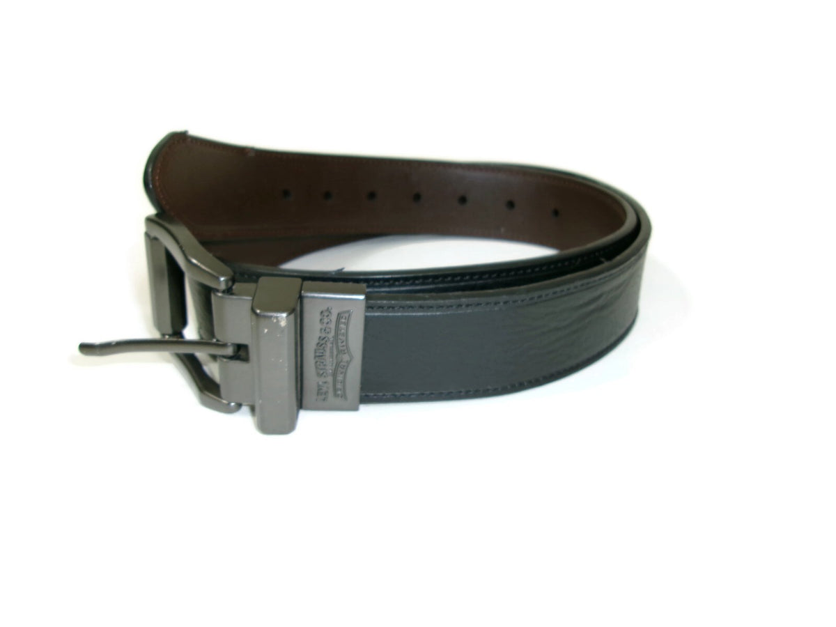 Levis Mens Black & Brown Leather Reversible Belt Size 34 Logo Embossed Buckle