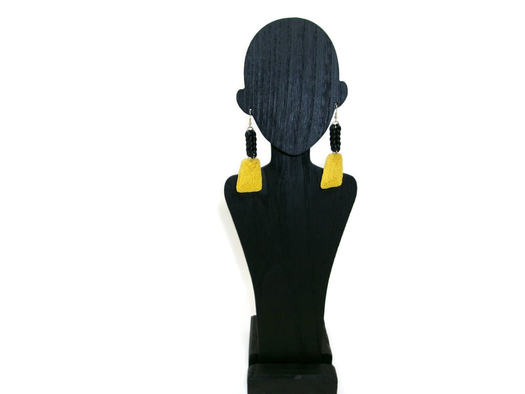 Womens Ear Candy Statement Drop Earrings Yellow Raffia & Black Rubber Design