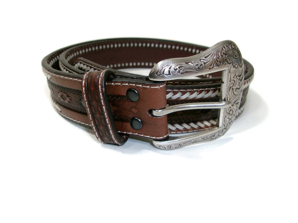 Ariat Mens Southwestern Western Belt Size 40 Brown Leather  Buckstitch Lacing