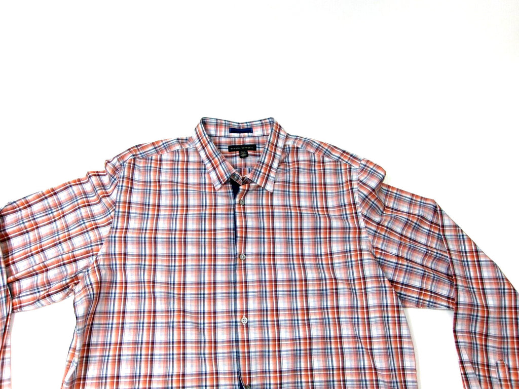 Banana Republic Mens Dress Shirt 17-17.5 XL Orange Blue Gray Plaid Long Sleeve