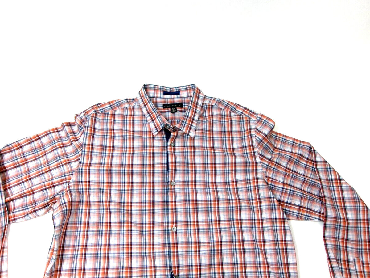 Banana Republic Mens Dress Shirt 17-17.5 XL Orange Blue Gray Plaid Long Sleeve