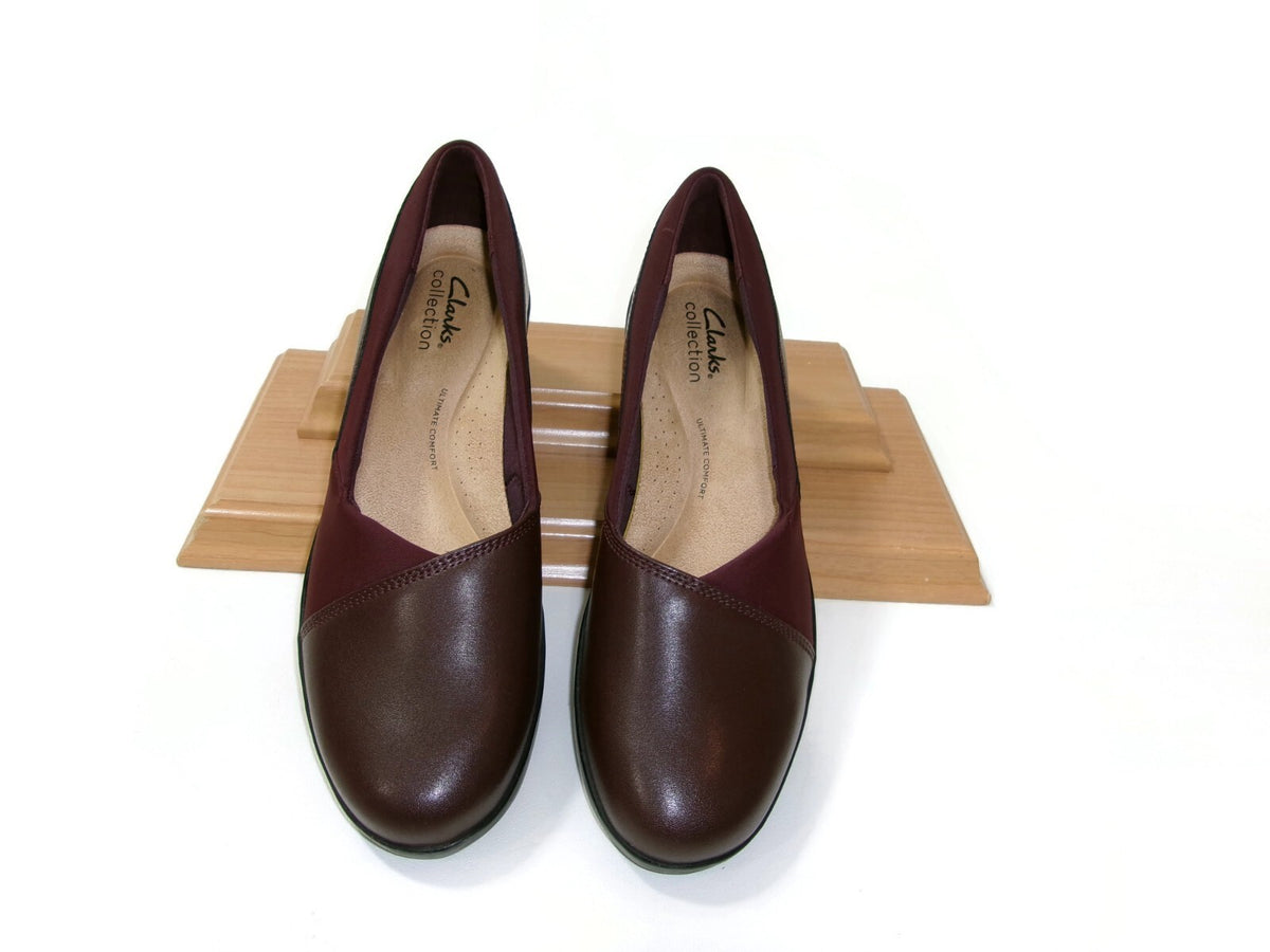 Clarks Suttyn Womens Wedge Heel Shoes  Burgundy Leather Slip On Comfort Size 8 M