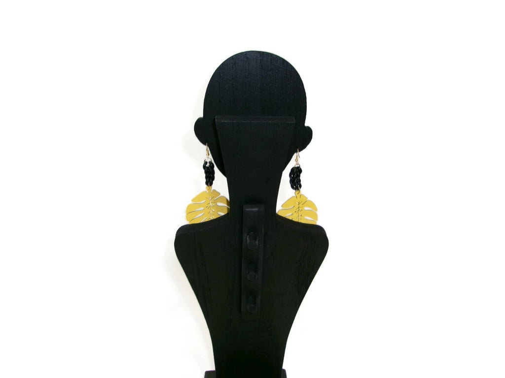 Womens Ear Candy Statement Drop Earrings Yellow Wood Leaf & Unique Rubber Design