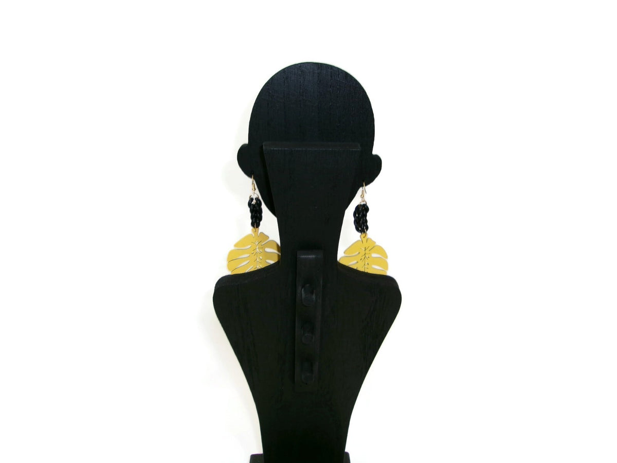 Womens Ear Candy Statement Drop Earrings Yellow Wood Leaf & Unique Rubber Design
