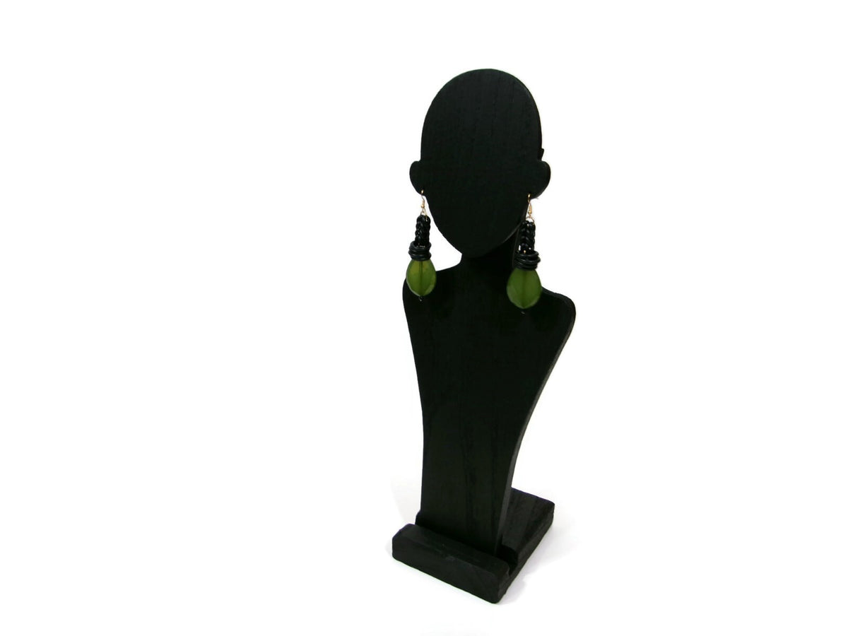 Womens Ear Candy Statement Earrings Green Textured Bead w/ Rubber Huggie Design