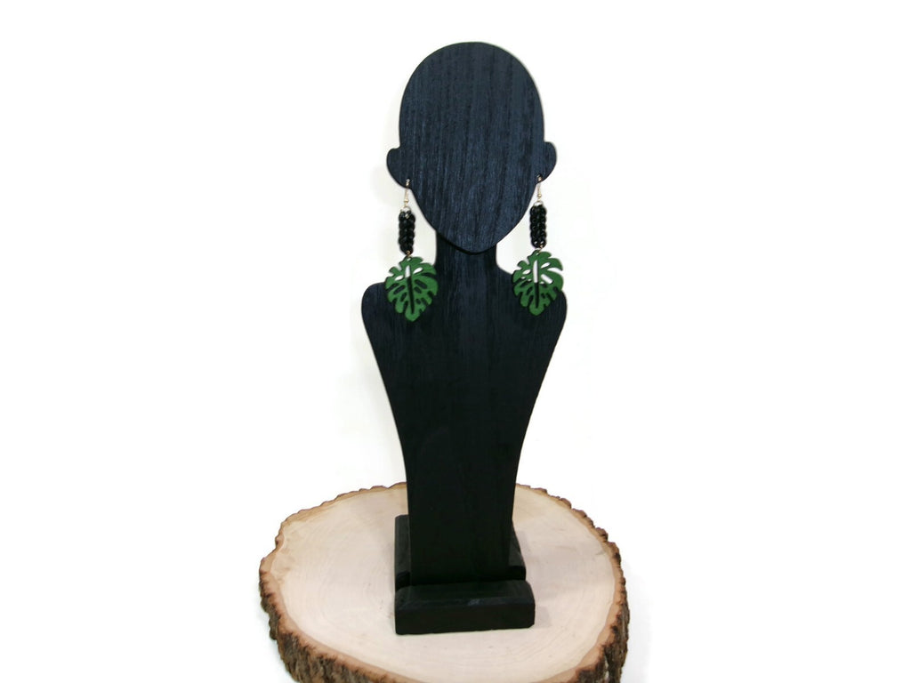 Womens Ear Candy Statement Drop Earrings Green Wood Leaf & Unique Rubber Design