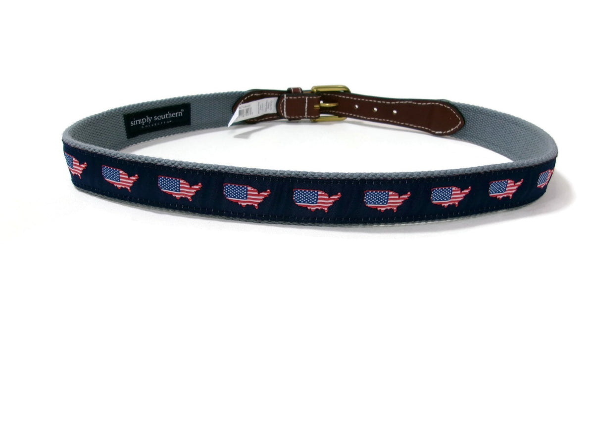 Simply Southern Mens Womens Patriotic American Flag  Canvas Leather Belt Size 32