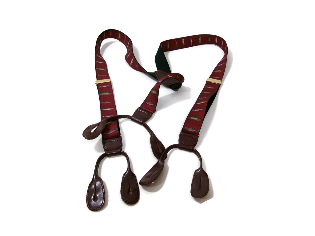 Mens  Burgundy /Redish  Suspenders Pelican USA Trout Fish Leather Tabs