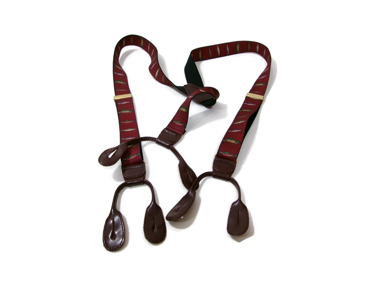 Mens  Burgundy /Redish  Suspenders Pelican USA Trout Fish Leather Tabs