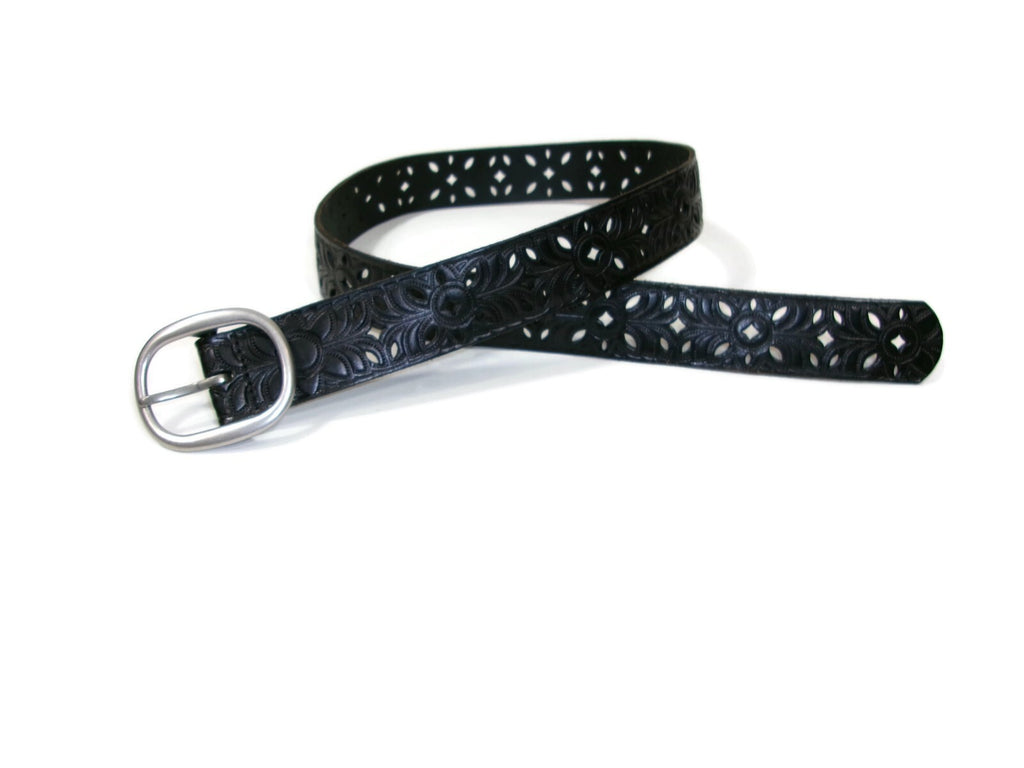 Womens BLACK Scroll Intricate Cut Design Distressed Belt Size M  Medium
