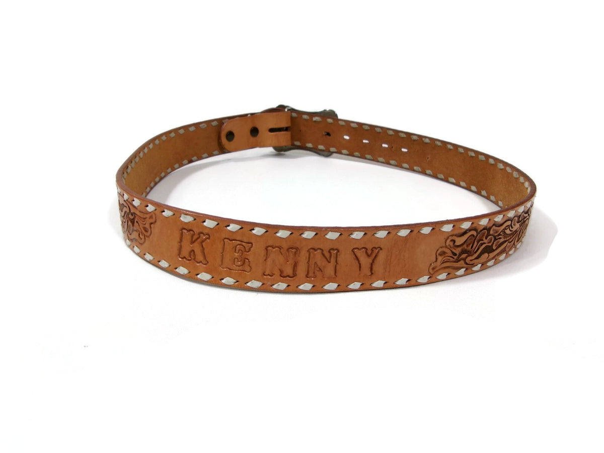 Nocona Vintage Tan Tool Leather Western Belt W/Boots Buckle Embossed w/ KENNY SM