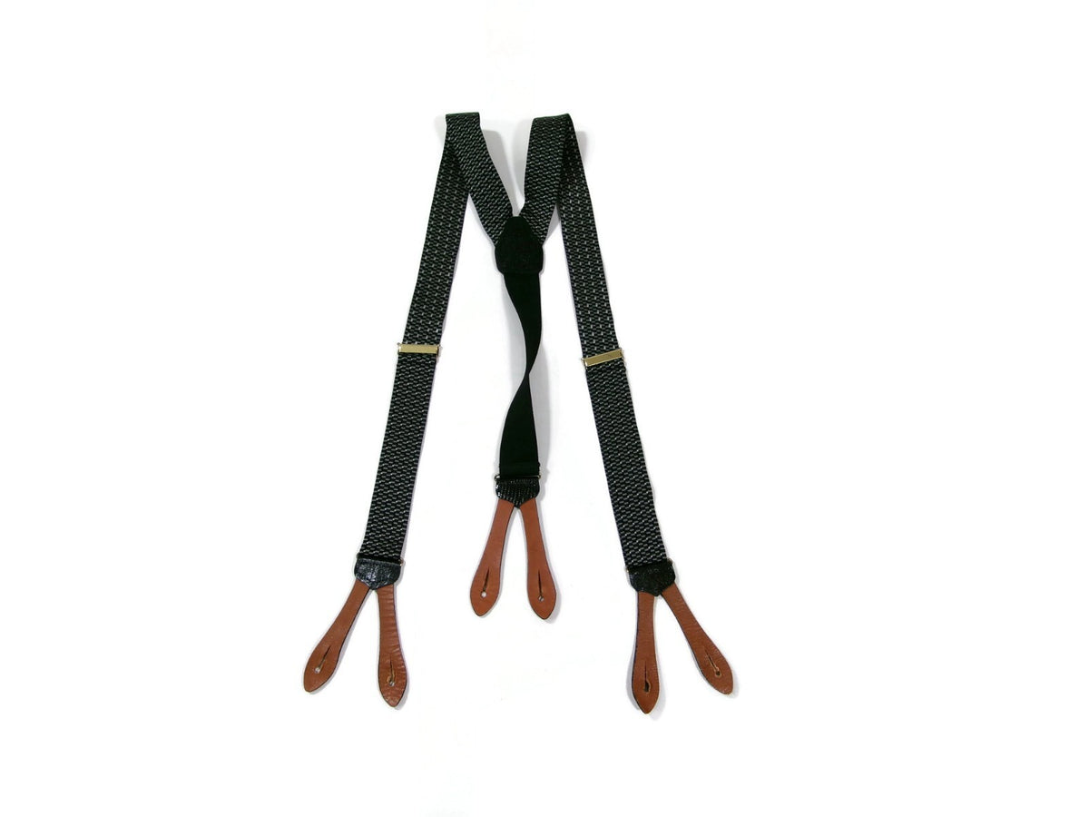 Mens Black Gray Suspenders w/ Black Leather Croc Embossed Tabs Made In England