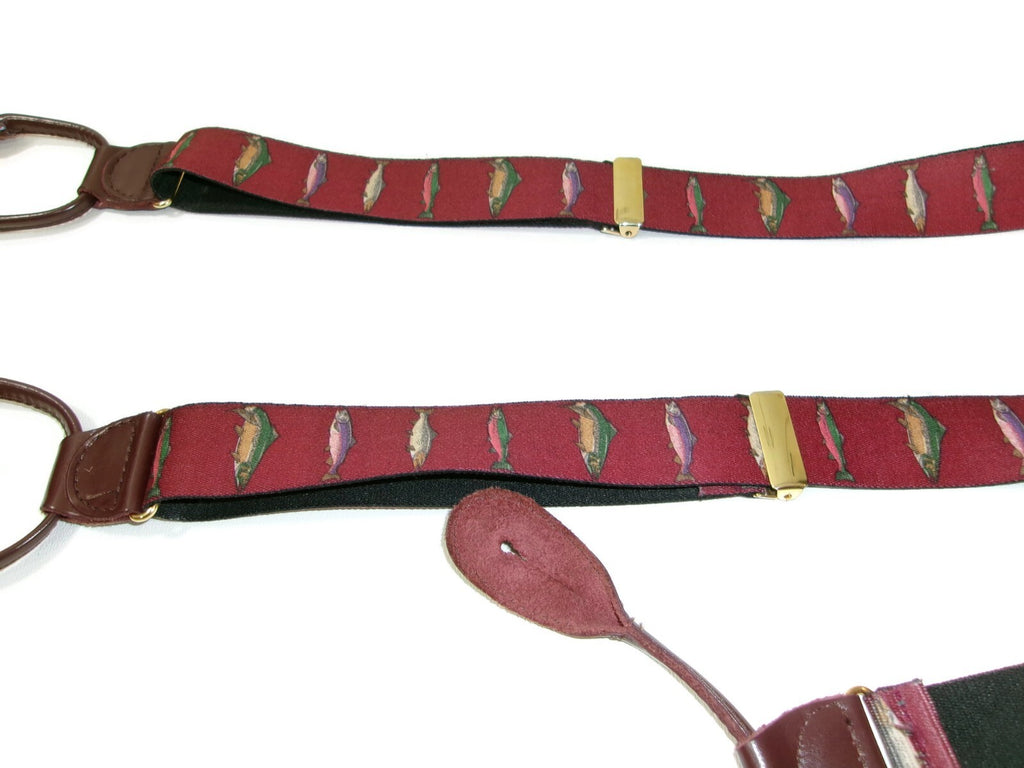 Mens  Burgundy /Redish  Suspenders Pelican USA Trout Fish Leather Tabs