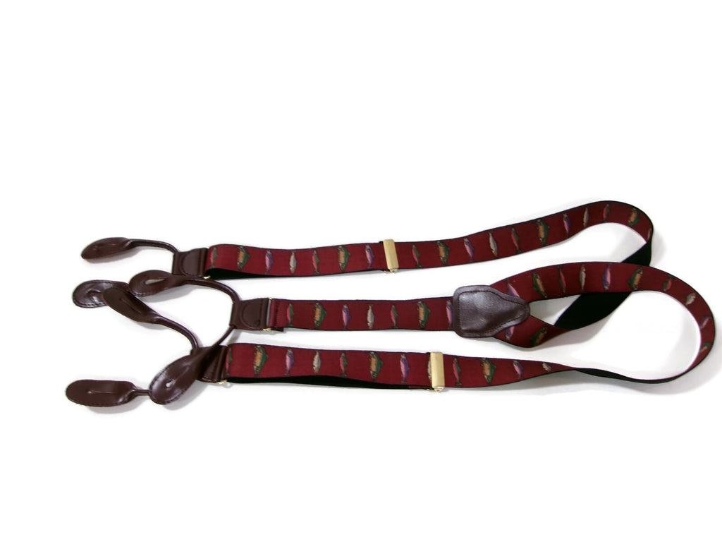 Mens  Burgundy /Redish  Suspenders Pelican USA Trout Fish Leather Tabs
