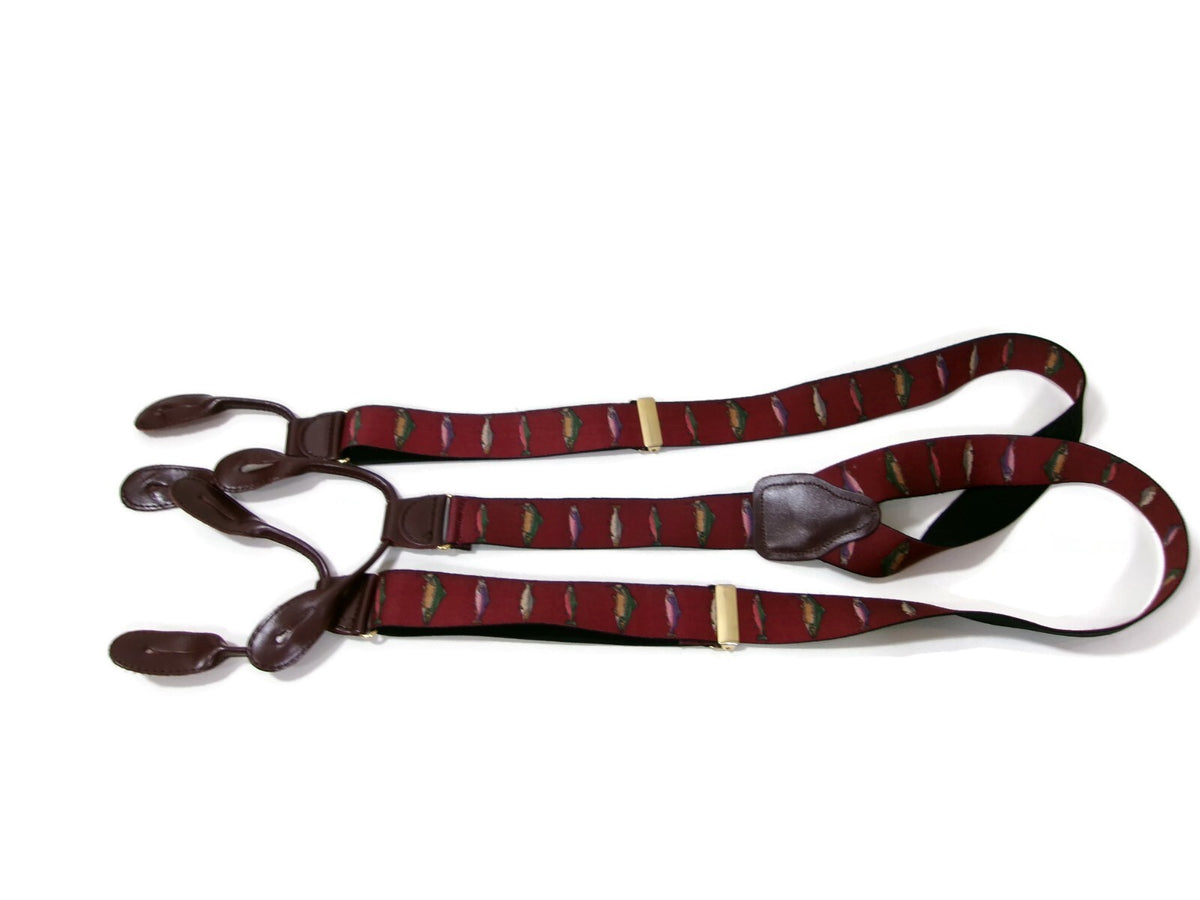 Mens  Burgundy /Redish  Suspenders Pelican USA Trout Fish Leather Tabs