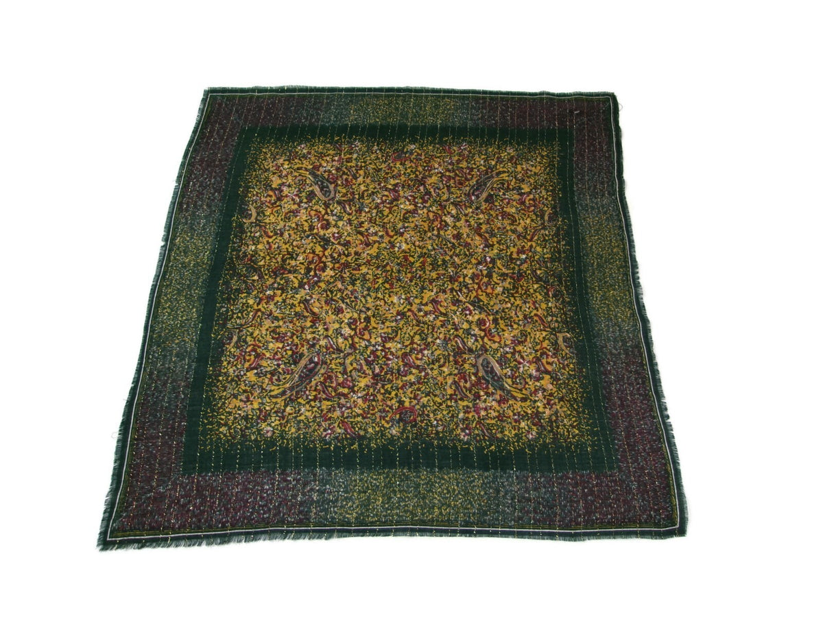 Sally Gee Vintage Womens Scarf 100% Light Weight Wool  Green Gold Original Tag
