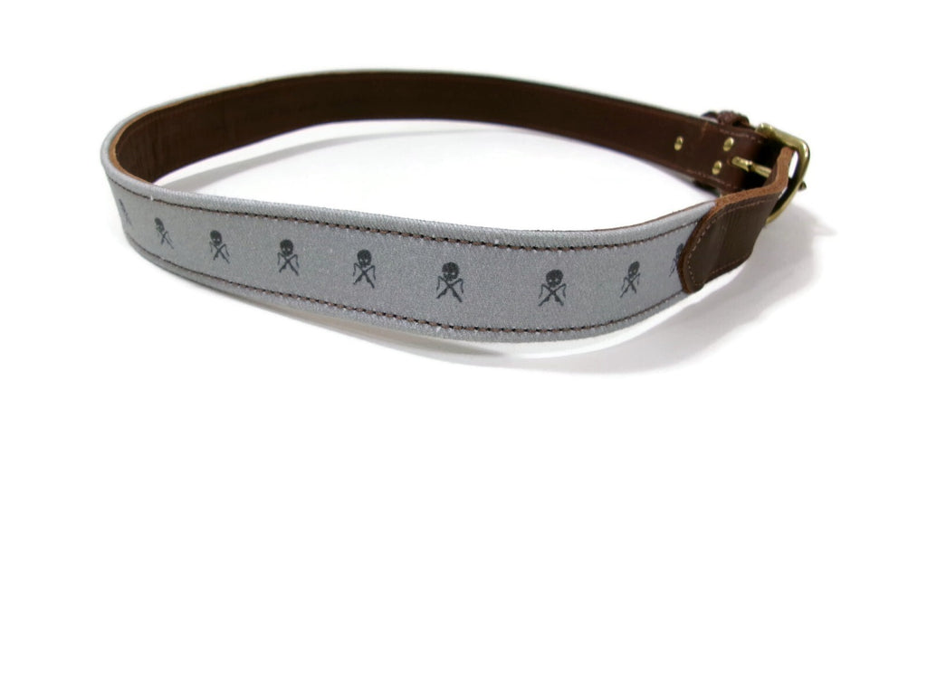 TSG Outfitting Co. Brown Leather &  Skull Covered Canvas Mens Belt Size 34