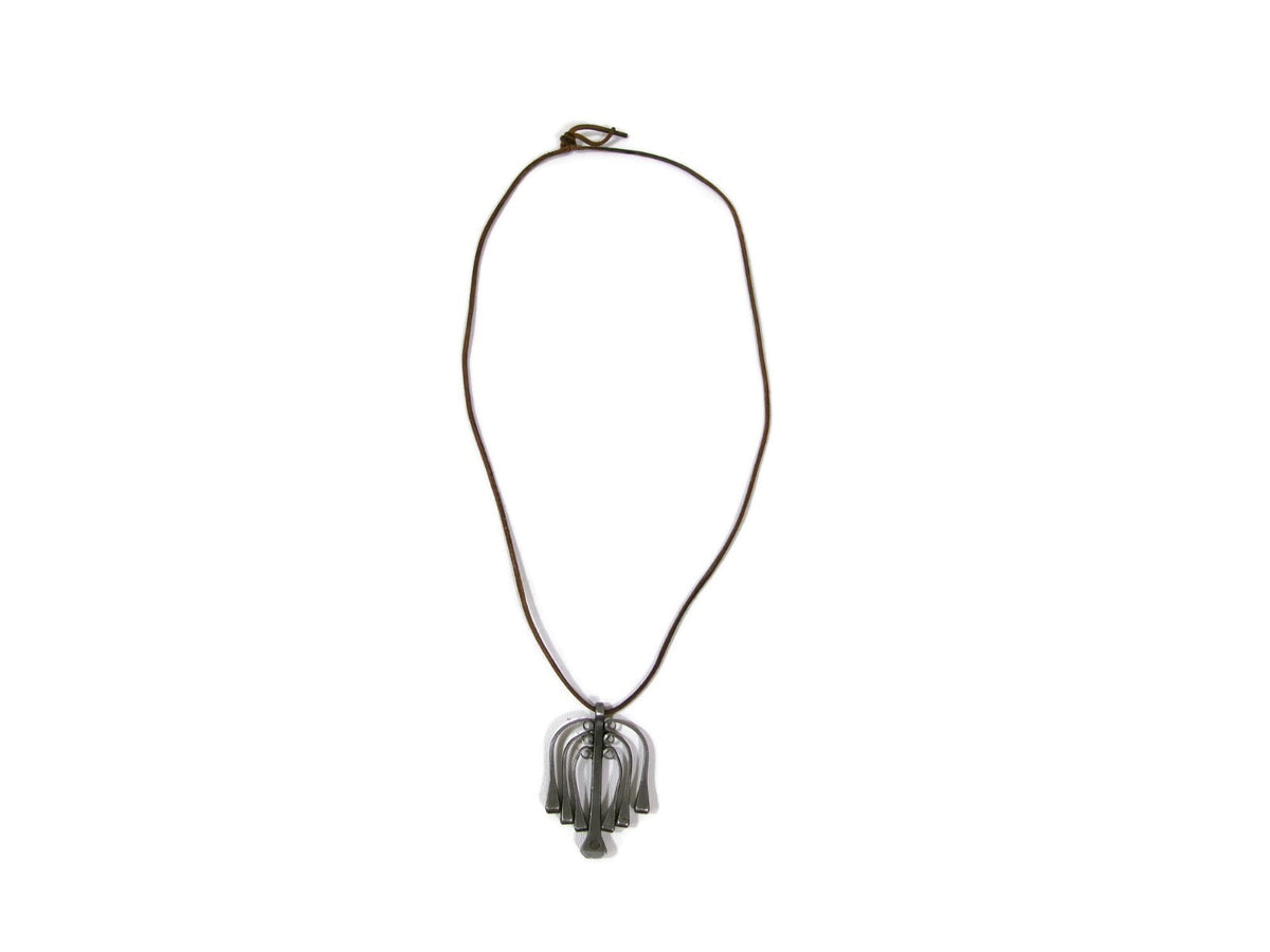 Retro Vintage Modernist Brutalist Pewter Skeleton  Necklace w/ Leather Cord 16.5