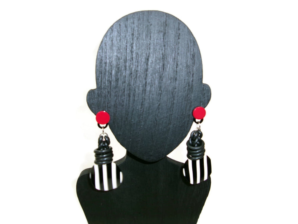 Womens Ear Candy Statement Drop Earrings Black White Red w/Unique Rubber Design