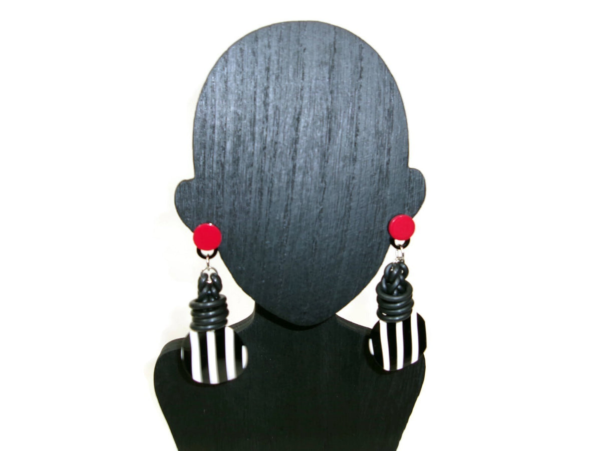 Womens Ear Candy Statement Drop Earrings Black White Red w/Unique Rubber Design