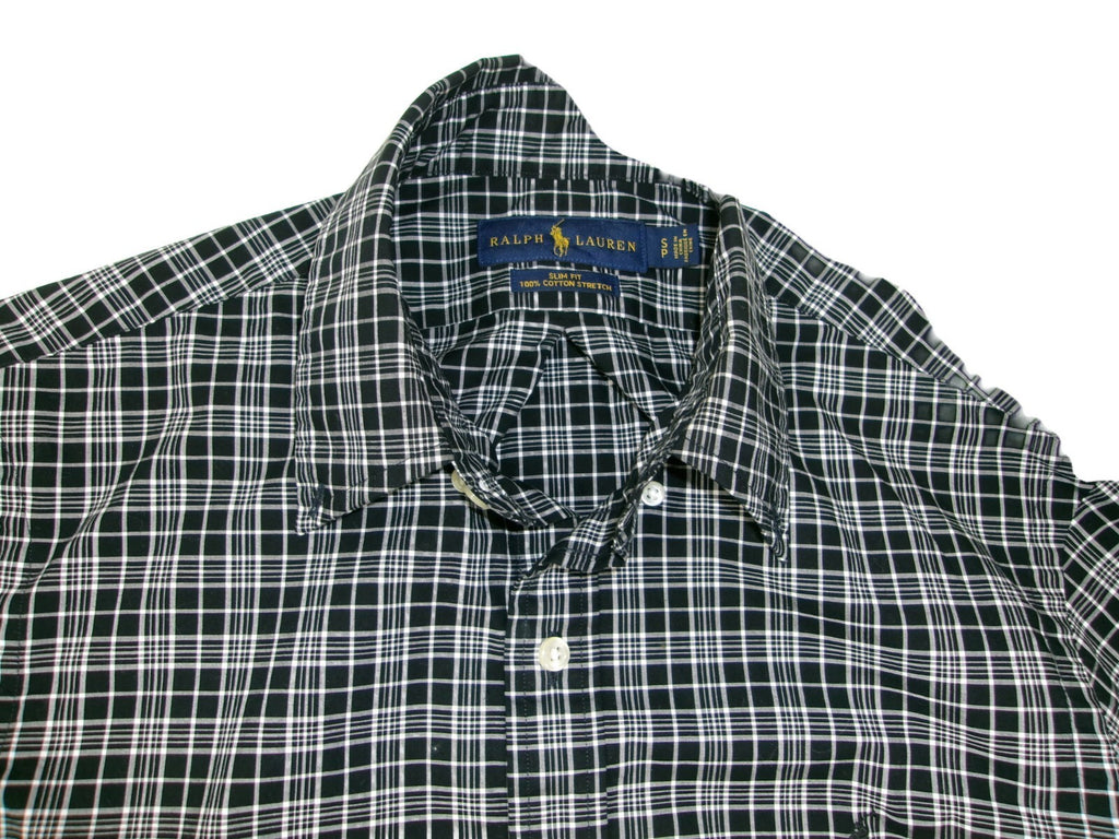 Ralph Lauren Womens /Mens Size S P  Slim Fit Plaid Shirt Black White Button Down
